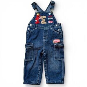 Vintage Sesame Street Baby toddler Y2K Elmo Denim Jean Overalls Outfit cargo 24m